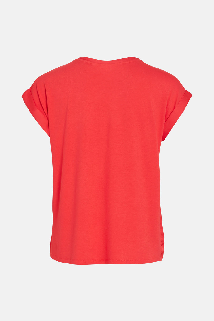 T-shirt rouge à manches courtes de VILA®, avec des manches retroussées, sur fond uni.