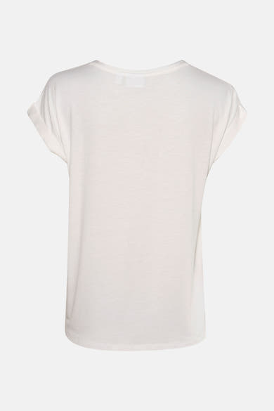 Wit T-shirt met korte mouwen van Vila, met opgerolde zomen, op een neutrale achtergrond.