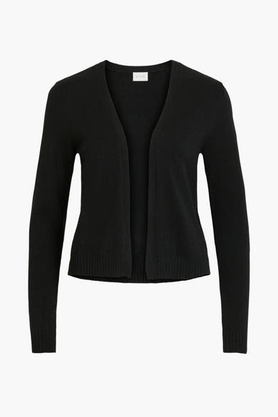 Gilet noir de VILA, en maille fine, à manches longues et coupe ouverte sur fond blanc.
