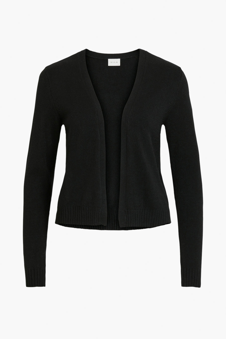 Gilet noir de VILA, en maille fine, à manches longues et coupe ouverte sur fond blanc.
