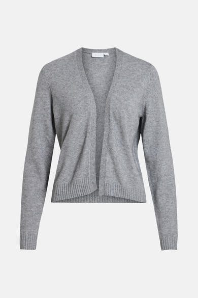 Cardigan gris en maille fine de VILA, coupe droite à manches longues et encolure dégagée.