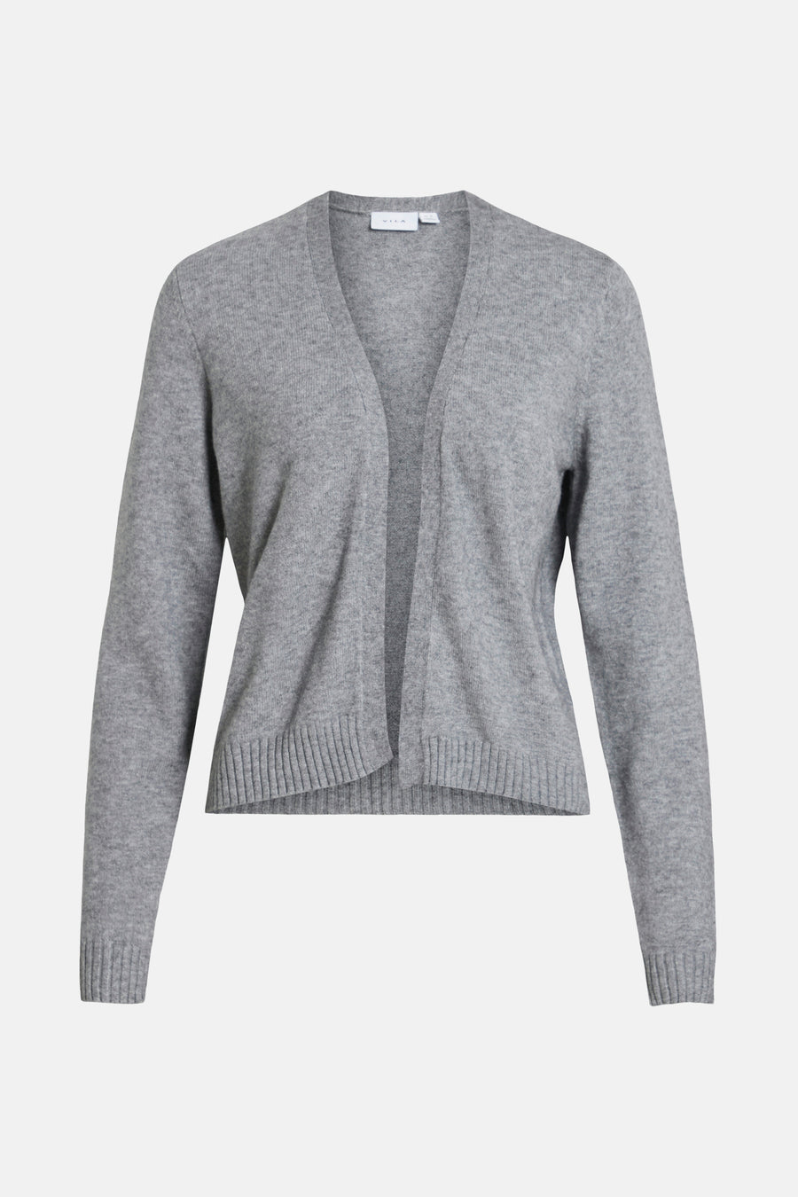 Cardigan gris en maille fine de VILA, coupe droite à manches longues et encolure dégagée.