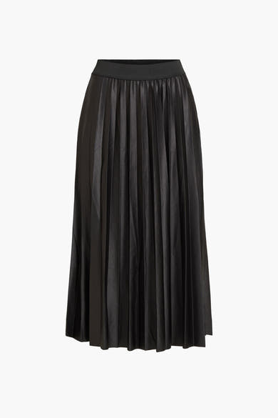 Zwarte geplooide midi-rok van VILA®, met elastische tailleband en gladde textuur.