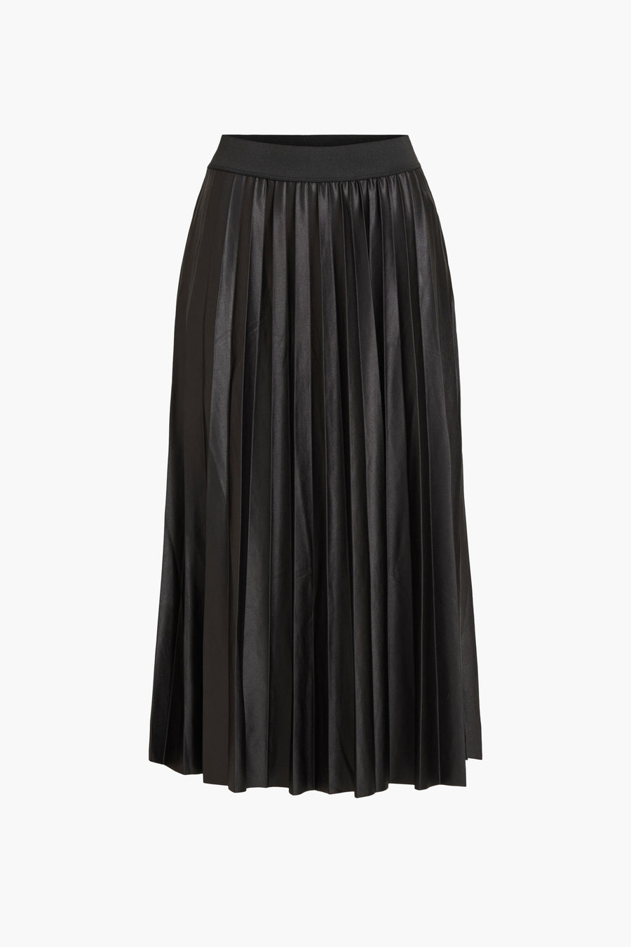 Zwarte geplooide midi-rok van VILA®, met elastische tailleband en gladde textuur.