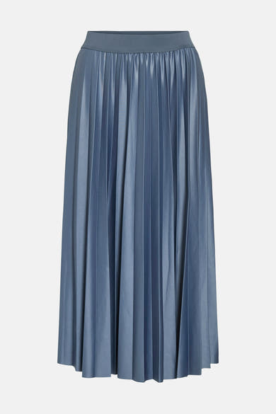 Blauwe geplooide rok van VILA®, met elastische tailleband en leren look.