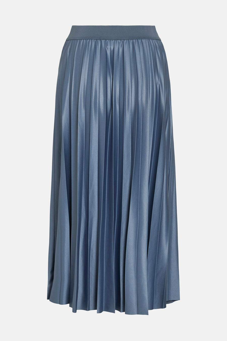 Blauwe geplooide midi-rok van VILA®, met elastische tailleband en satijnen textuur.