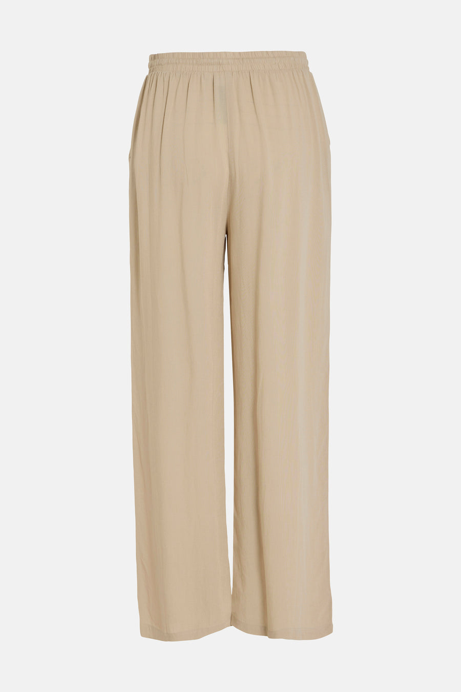 Beige broek van VILA, wijd met een elastische taille, op een neutrale achtergrond.