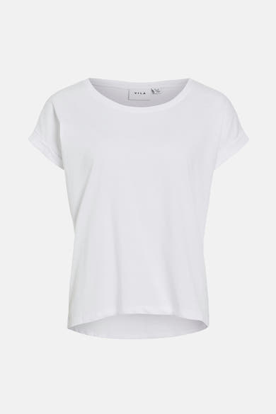 Effenvoudig wit T-shirt met korte mouwen van VILA, met opgerolde zomen aan de mouwen.