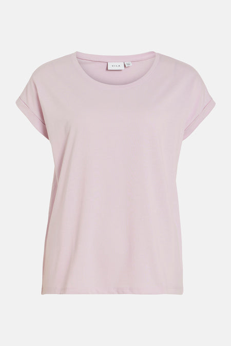 Roze T-shirt met korte mouwen van VILA, met opgerolde mouwen.