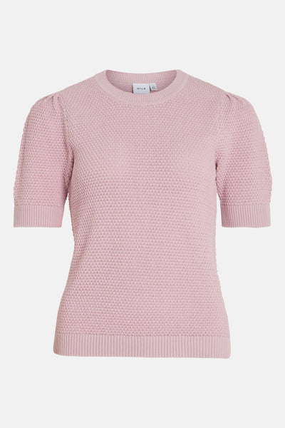 Trekken roze gestreepte VILA, met korte puffe mouwen.