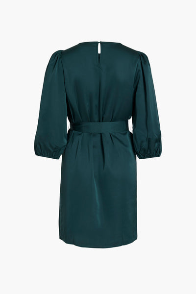 Emerald green midi dress with puff sleeves and matching belt, back view showing keyhole detail and smooth satin texture