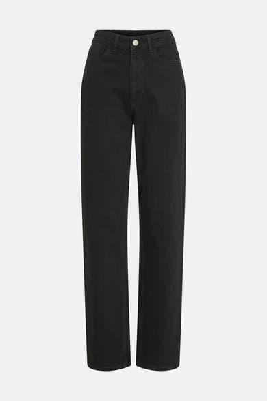 Rechte zwarte jeans van VILA in denim, hoge taille met knoopsluiting en voorzakken.