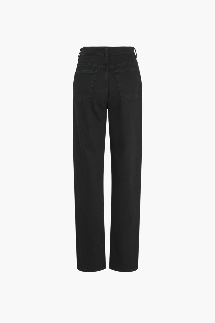 Zwarte rechte jeans van denim van VILA®, van achteren gezien met twee achterzakken en riemlussen.