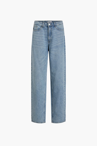 Wijde blauwe jeans van VILA, met een klassieke rechte pasvorm en een verweerde denimtextuur.