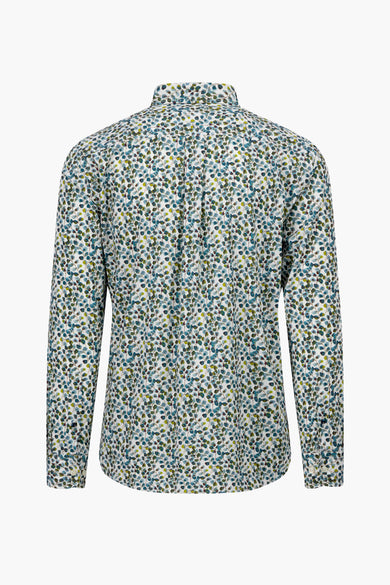 Chemise à manches longues verte de Fynch-Hatton avec motif de petites feuilles colorées, vue de dos.