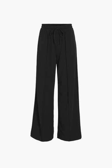 Zwarte broek van VILA, losse pasvorm, met trekkoord in de taille en wijde pijpen.