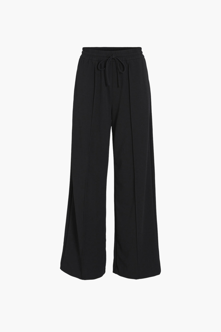 Zwarte broek van VILA, losse pasvorm, met trekkoord in de taille en wijde pijpen.