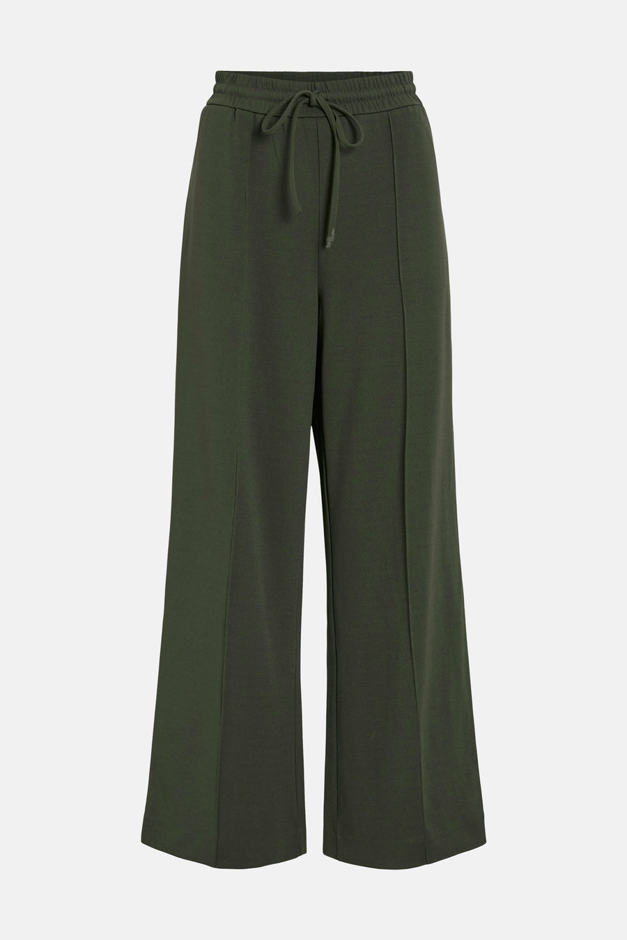 Wijde groene broek van VILA, met elastische tailleband en trekkoord.