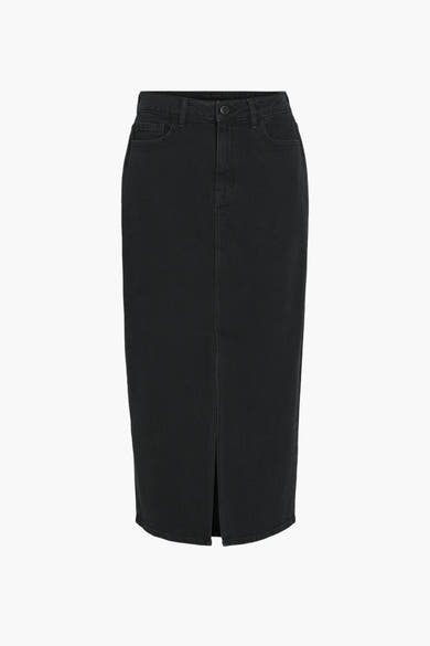 Jupe midi noire en denim par VILA®, avec une fente sur le devant.