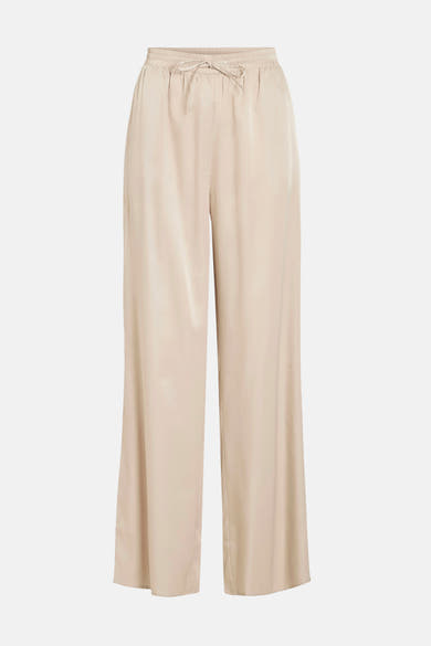 Beige satijnen broek van VILA, met trekkoord in de elastische tailleband en een losse pasvorm.