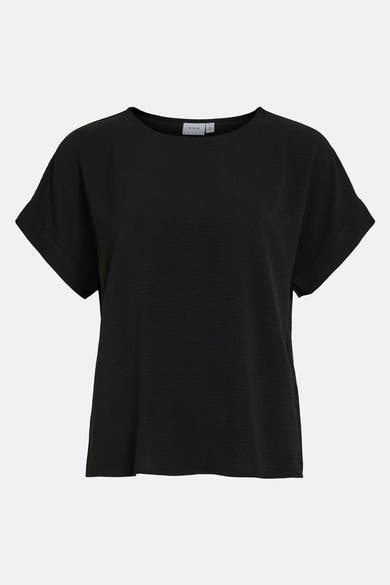 Zwart T-shirt met korte mouwen van VILA, met een subtiele textuur en omgeslagen mouwen.