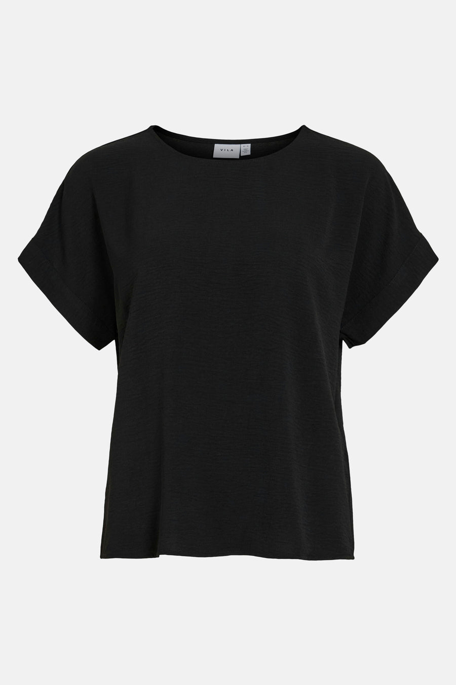 Zwart T-shirt met korte mouwen van VILA, met een subtiele textuur en omgeslagen mouwen.