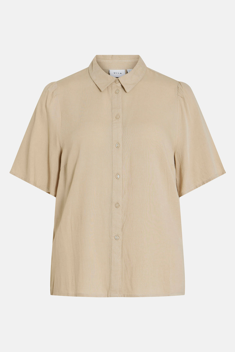 Beige blouse met korte mouwen van VILA, met een knoopsluiting en een klassieke kraag.