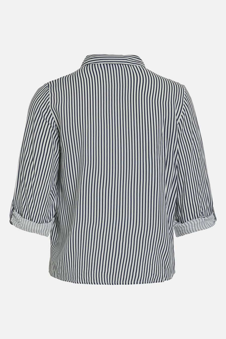 Blauwe blouse met verticale strepen van VILA®, driekwartmouwen met omslag, achterzijde.