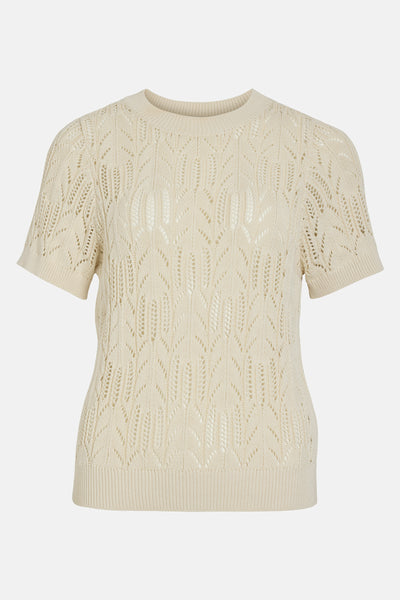 Pull à col rond écru de VILA®, en maille ajourée avec motif de feuille.