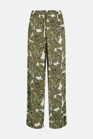 Kaki kleurrijke broek van VILA, met een gedurfd bloemenpatroon in groen en wit.