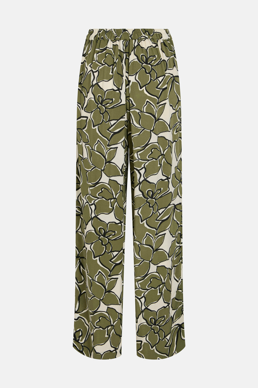 Kaki kleurrijke broek van VILA, met een gedurfd bloemenpatroon in groen en wit.