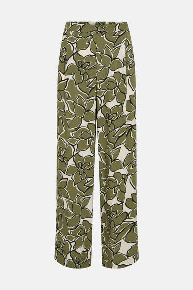 Kleurrijke kaki broek van VILA®, met een groen en zwart bloemenpatroon op een beige achtergrond.