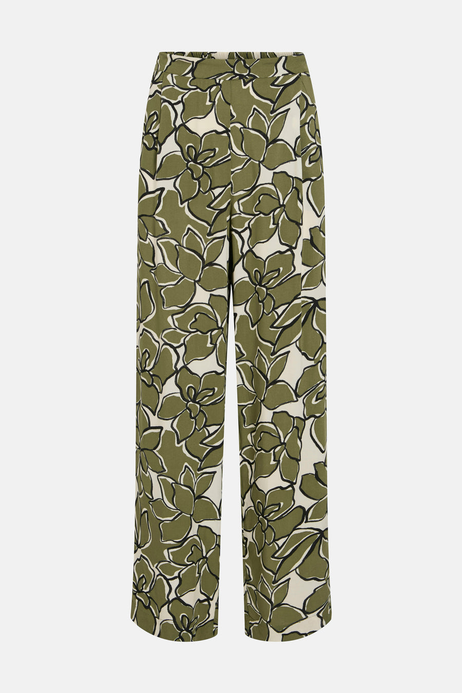 Kleurrijke kaki broek van VILA®, met een groen en zwart bloemenpatroon op een beige achtergrond.