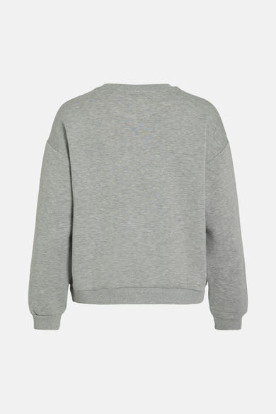 Grijze sweater van VILA, losse pasvorm, lange mouwen en geribbelde zoom, achterzijde.