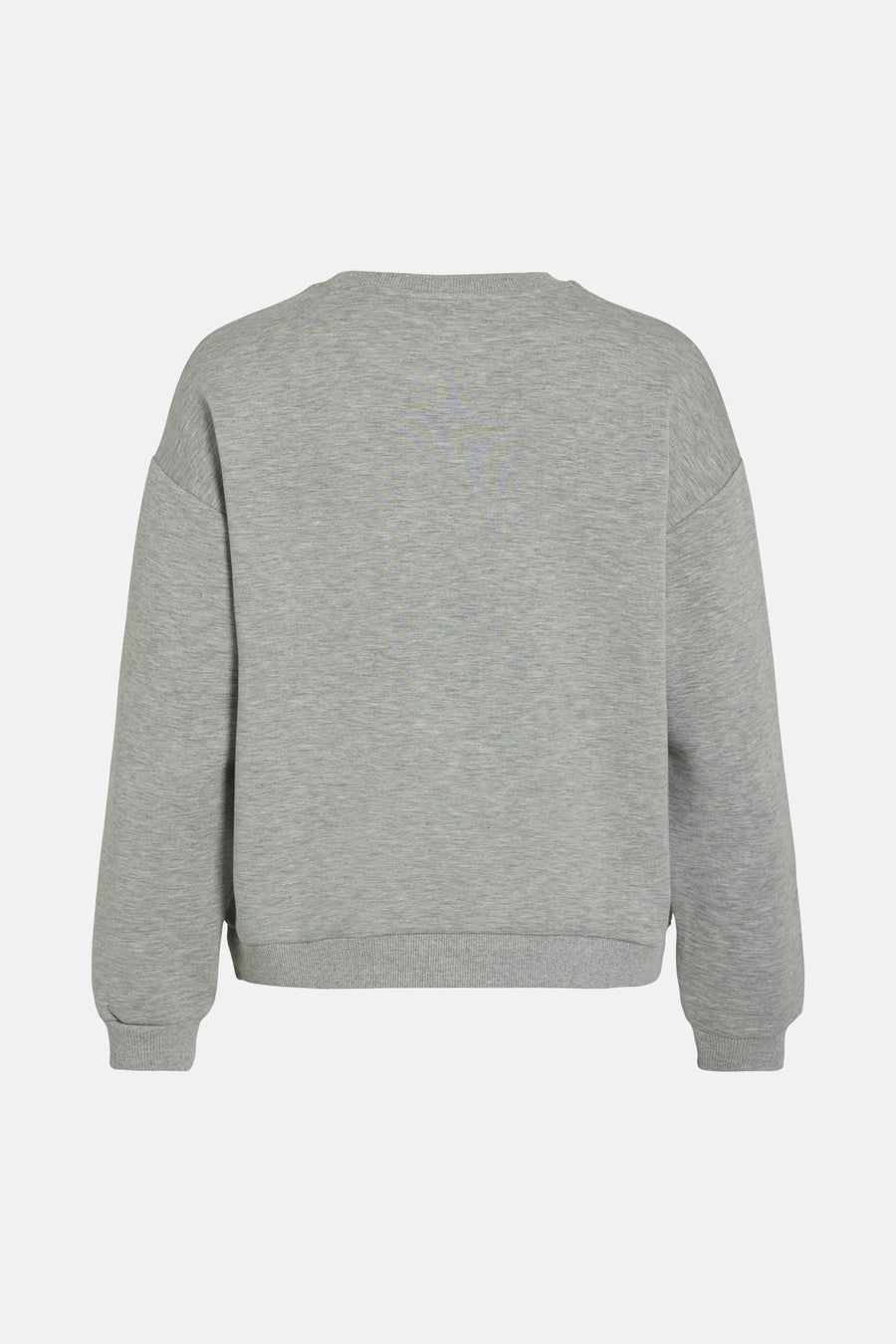 Grijze sweater van VILA, losse pasvorm, lange mouwen en geribbelde zoom, achterzijde.
