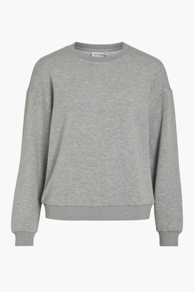 Grijze sweater van VILA, achterkant, van zachte fleece met geribde manchetten en zoom.