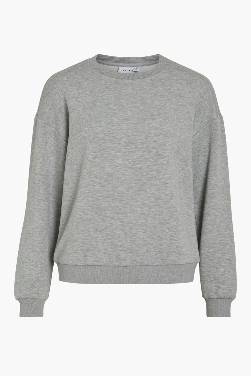 Grijze sweater van VILA, achterkant, van zachte fleece met geribde manchetten en zoom.