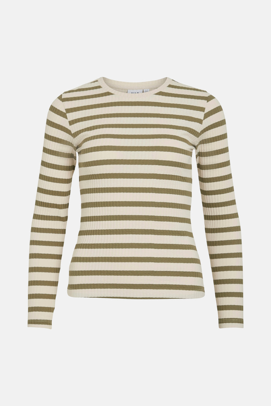 Kaki T-shirt met lange mouwen van VILA, horizontale strepen en geribbelde textuur.
