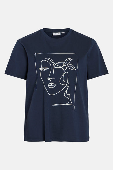 Blauwe t-shirt van VILA, met een korte mouw en een abstracte tekening van een gezicht op de voorzijde.