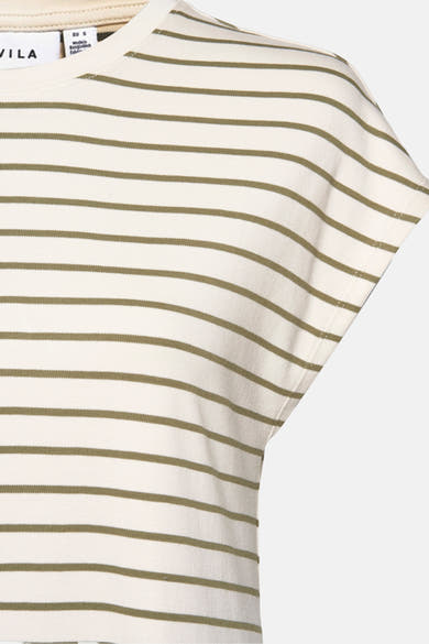 Robe beige à rayures, de VILA, avec manches courtes et col rond.
