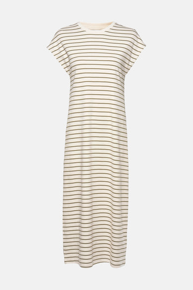 Beige gestreepte jurk met korte mouwen van VILA®, rechte pasvorm en midi-lengte.