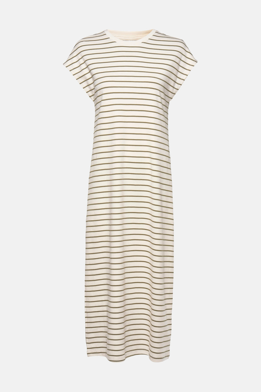 Robe beige à rayures, à manches courtes par VILA®, coupe droite et longueur midi.
