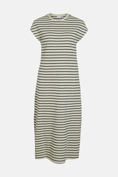 Beige gestreepte jurk met korte mouwen van VILA®, rechte pasvorm, midi-lengte.