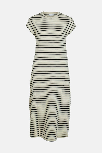 Beige gestreepte jurk met korte mouwen van VILA®, rechte pasvorm, midi-lengte.