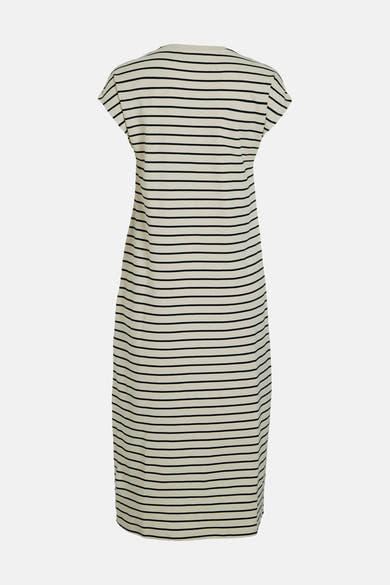 Robe beige à rayures noires de VILA®, coupe droite et longueur genou.