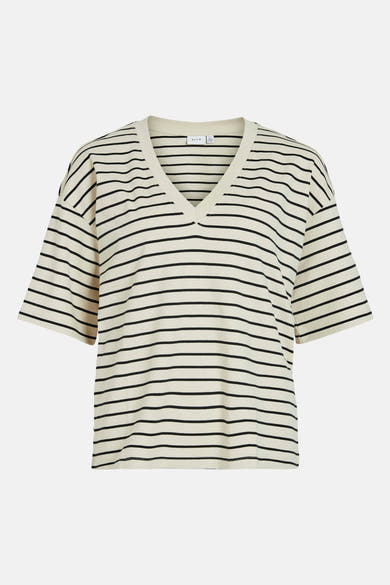 Beige T-shirt met korte mouwen van VILA, met zwarte horizontale strepen en V-hals.