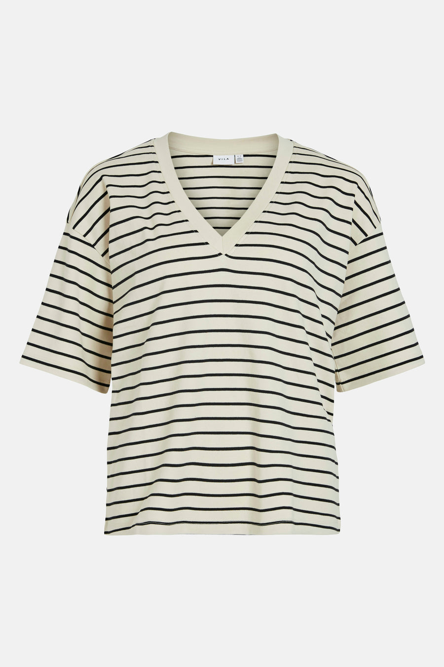 Beige T-shirt met korte mouwen van VILA, met zwarte horizontale strepen en V-hals.