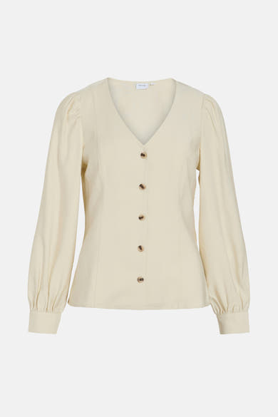 Beige blouse met lange mouwen van VILA, met centrale knoopsluiting en pofmouwen.