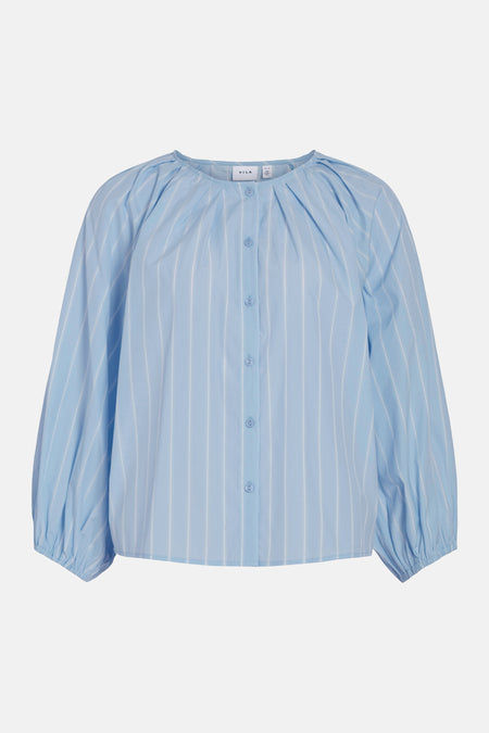 Chemisier bleu rayé à manches longues par VILA®, avec une coupe ample et boutonnée.