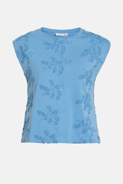 Blauw mouwloos topje van VILA®, met toon-op-toon bloemenborduursel.